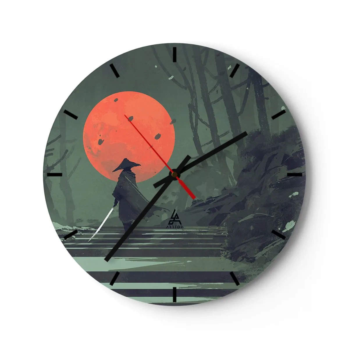 Wall clock - Clock on glass - A lone warrior in the forest under a red moon - 30x30cm - Red Moon Warrior - Modern wall decoration for the living room, kitchen, and bedroom ARTTOR