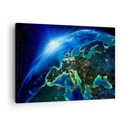 Canvas picture - A view of Europa from space in the glow of the rising sun. - 70x50cm - Sparkling Europe - Modern wall decoration for the living room and bedroom ARTTOR