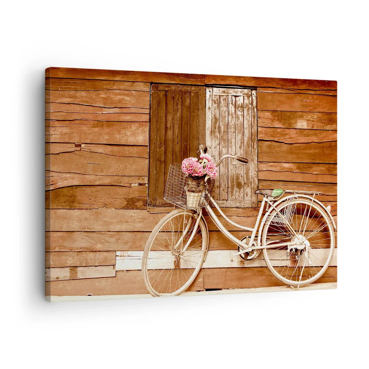 Canvas picture - A bicycle with a basket full of roses against a wooden wall - 70x50cm - Be Right Back - Modern wall decoration for the living room and bedroom ARTTOR