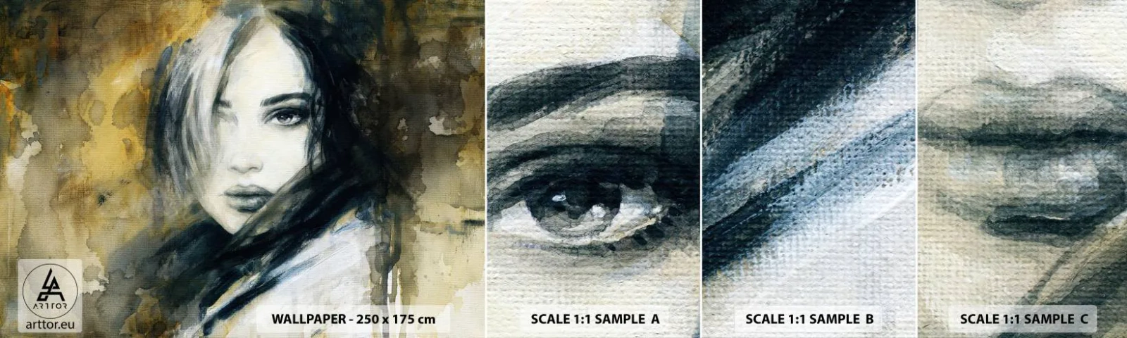 Photo Wallpaper Sample Standard Eco - More Innocent or Sensual? - Portrait of a Woman, Woman's Face, Graphics - 100x30 cm