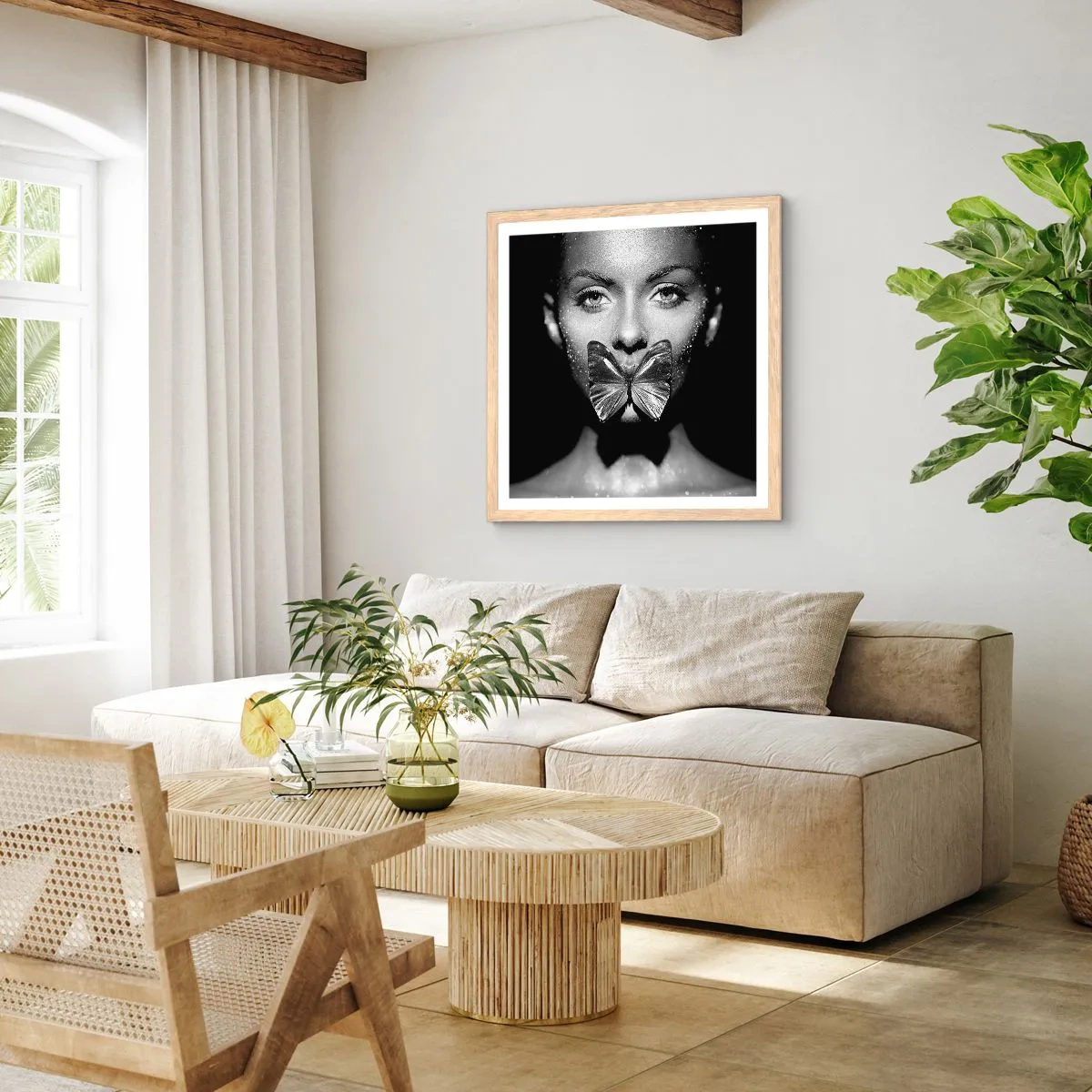 Poster in light oak frame - Butterfly Kiss - 40x40 cm