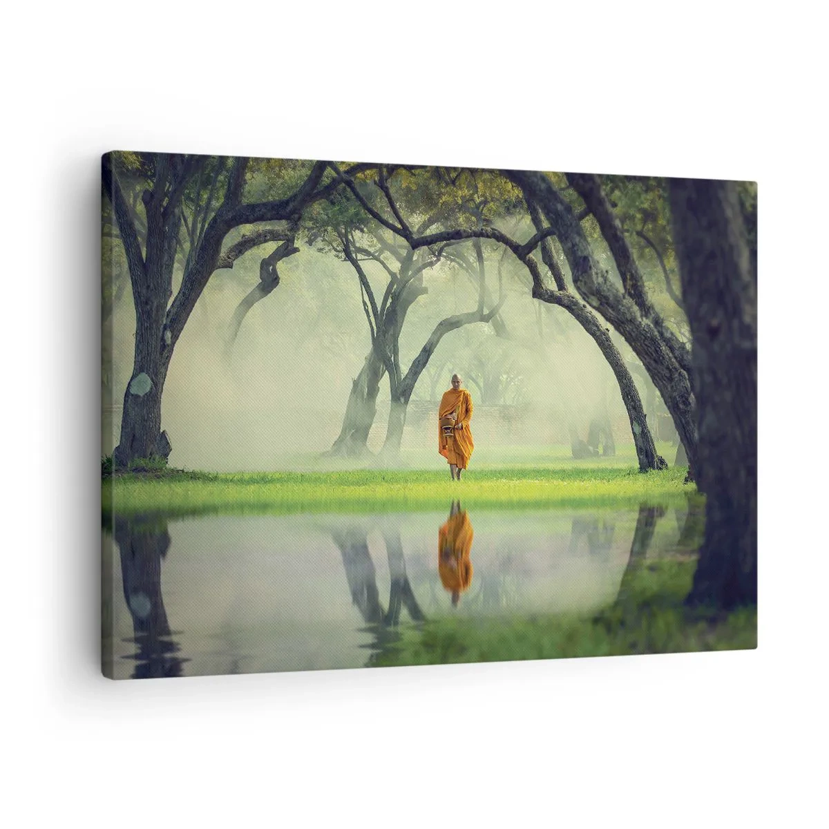 Canvas picture - A monk in an orange robe in a forest with a foggy background and reflection in the water. - 70x50cm - On the Way to Enlightenment - Modern wall decoration for the living room and bedroom ARTTOR