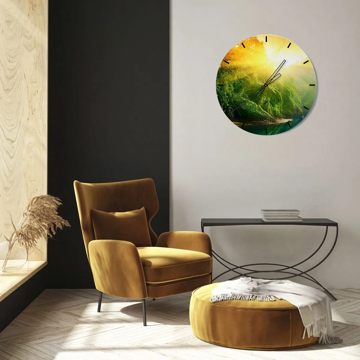 Wall clock - Clock on glass - Forest scenery with sun rays - 30x30cm - Drowning in the Sun and Shadow - Modern wall decoration for the living room, kitchen, and bedroom ARTTOR