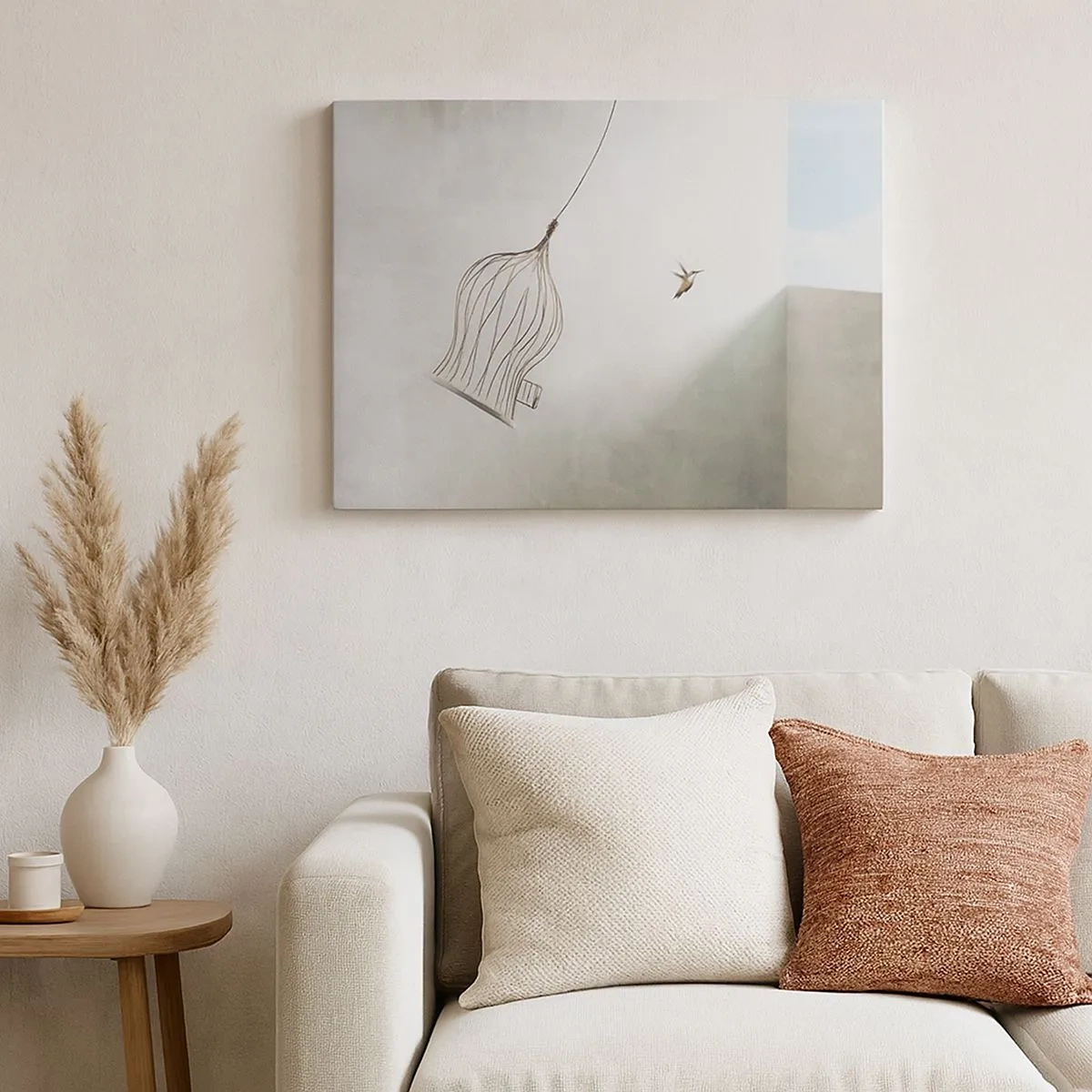 Canvas picture - A bird freed from a cage against the backdrop of a bright sky - 70x50cm - In His Element - Modern wall decoration for the living room and bedroom ARTTOR