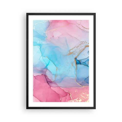 Poster in black frame - Abstract spots in shades of pink, blue and gold - 50x70cm - Encounter and Permeation - Modern wall decoration for the living room and bedroom ARTTOR