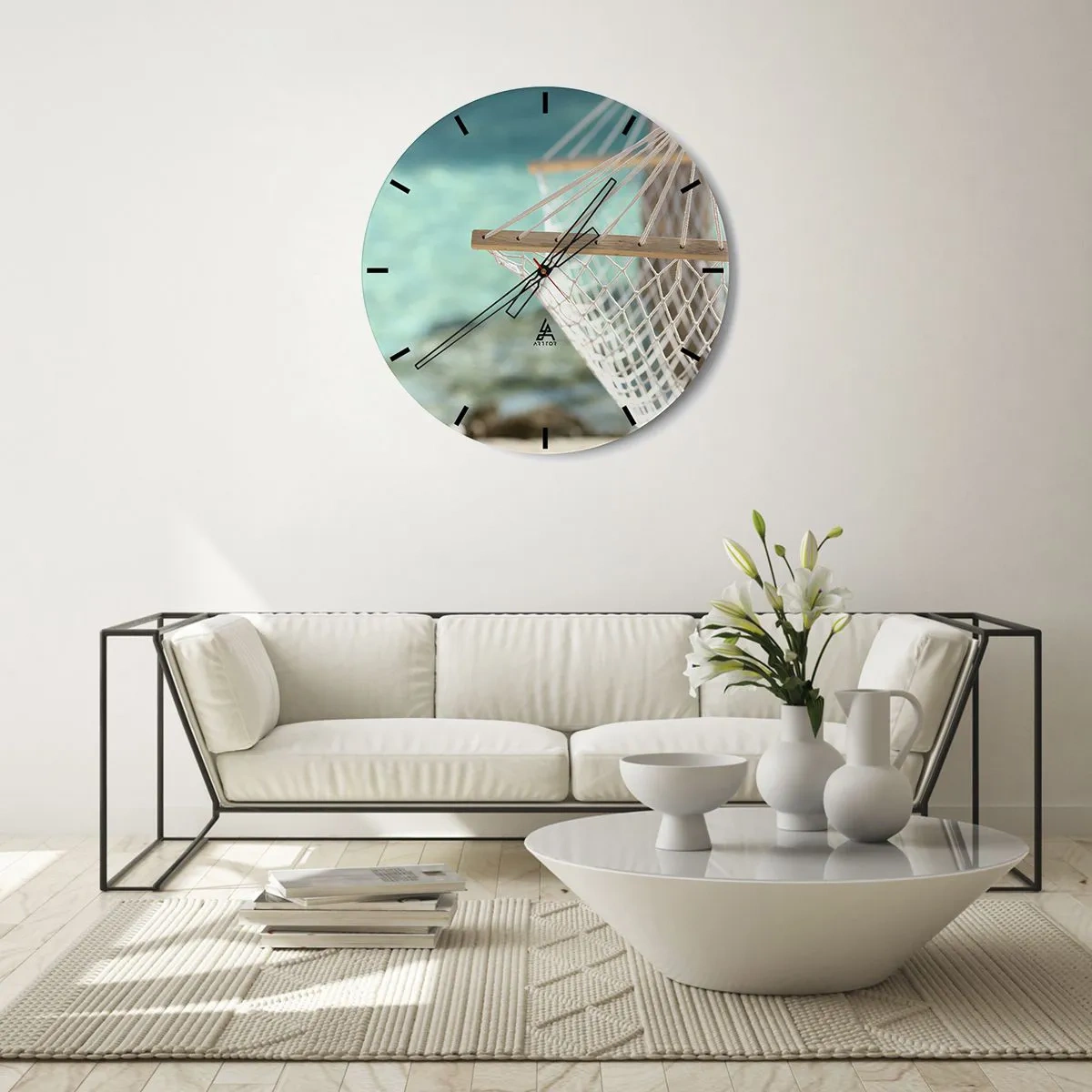 Wall clock - Clock on glass - Hammock over turquoise water - 30x30cm - Relax Time - Modern wall decoration for the living room, kitchen, and bedroom ARTTOR