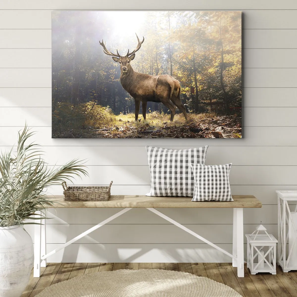 Canvas picture - Deer in the autumn forest with sun rays - 70x50cm - In Full Majesty - Modern wall decoration for the living room and bedroom ARTTOR