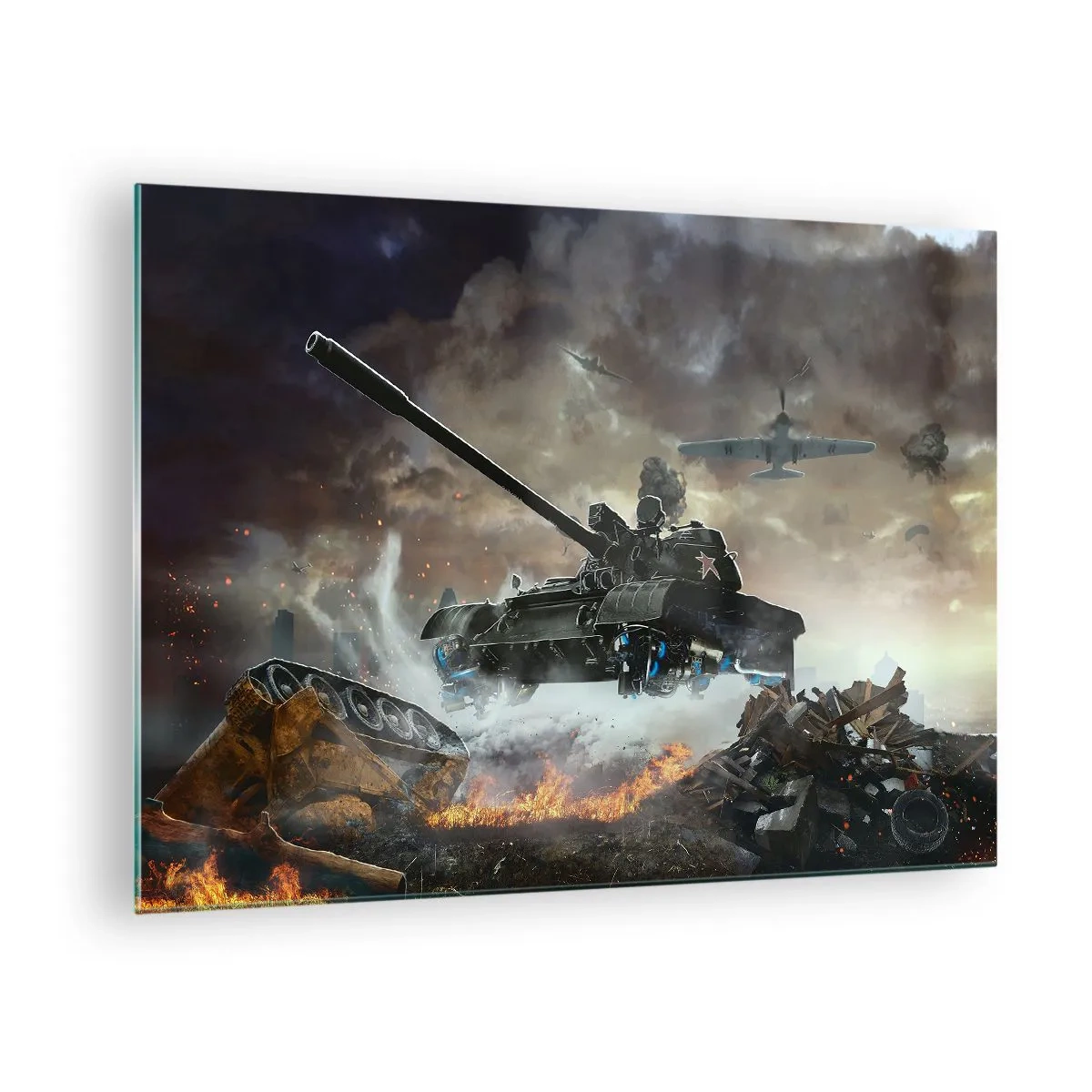Glass picture - tank in action against the backdrop of a dramatic battlefield. - 70x50cm - Battle Is Scary and Beautiful - Modern wall decoration for the living room and bedroom ARTTOR
