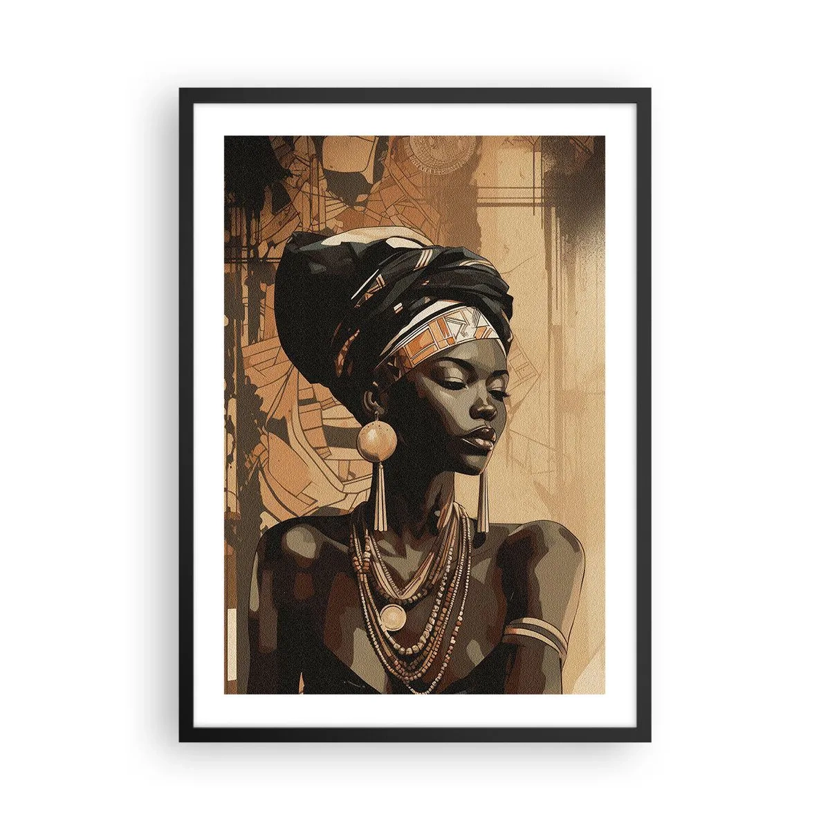 Poster in black frame - Portrait of an African woman wearing traditional ornaments - 50x70cm - African Majesty - Modern wall decoration for the living room and bedroom ARTTOR
