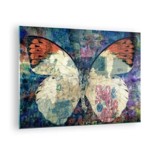 Glass picture - A colorful butterfly on an abstract background in shades of blue and orange. - 70x50cm - Subtle Fragility - Modern wall decoration for the living room and bedroom ARTTOR