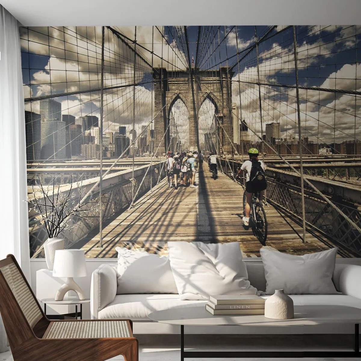 Photo Wallpaper Premium Sand - Straight to the Heart of the City - Brooklyn Bridge, New York, City - 300x210 cm