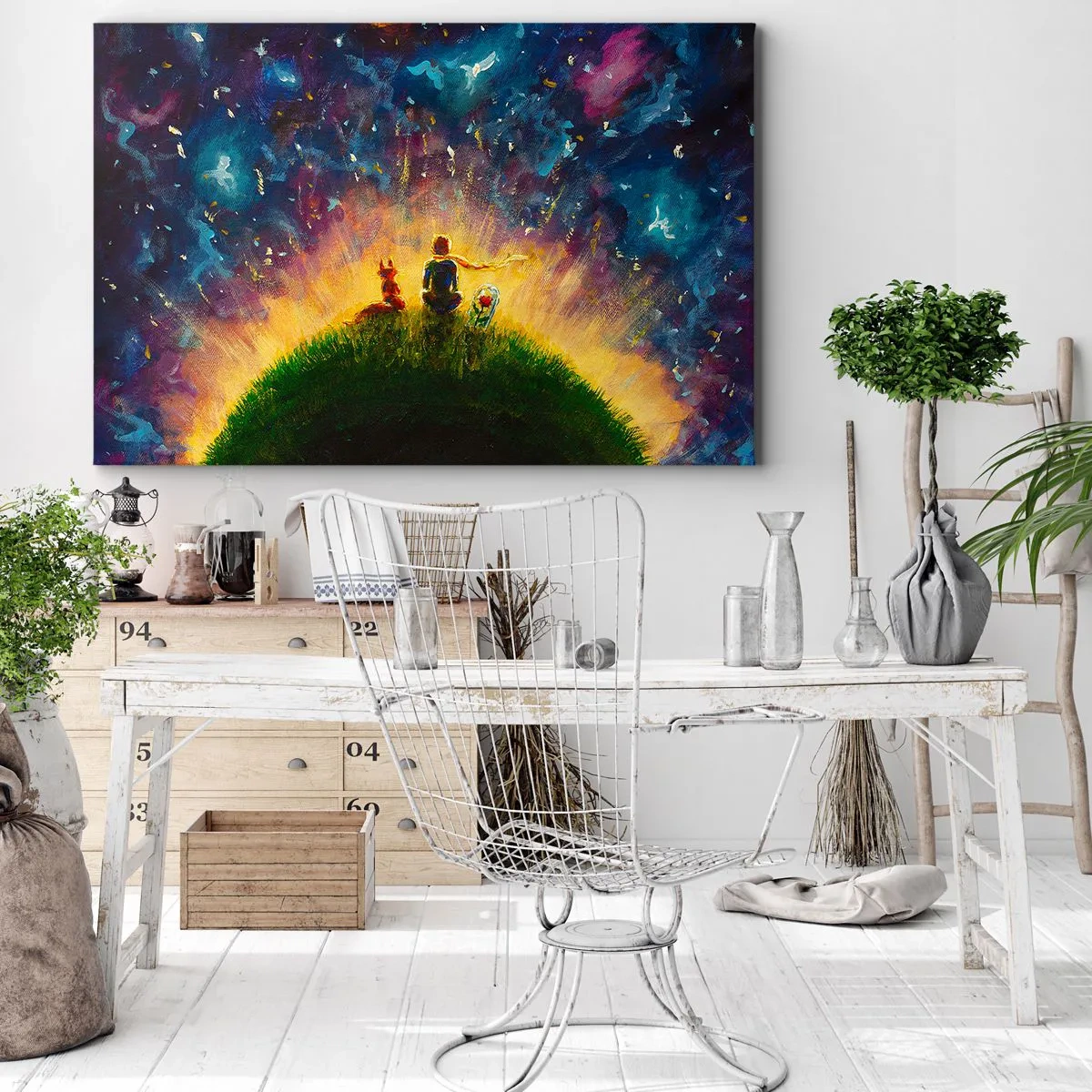 Canvas picture - Figures on a green hill surrounded by a starry sky - 70x50cm - Love and Friendship - Whole World - Modern wall decoration for the living room and bedroom ARTTOR