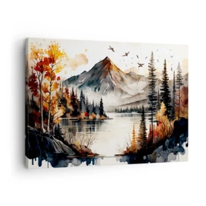 Canvas picture - Autumn mountain landscape with a lake and trees in watercolor - 70x50cm - Golden Autumn in the Mountains - Modern wall decoration for the living room and bedroom ARTTOR