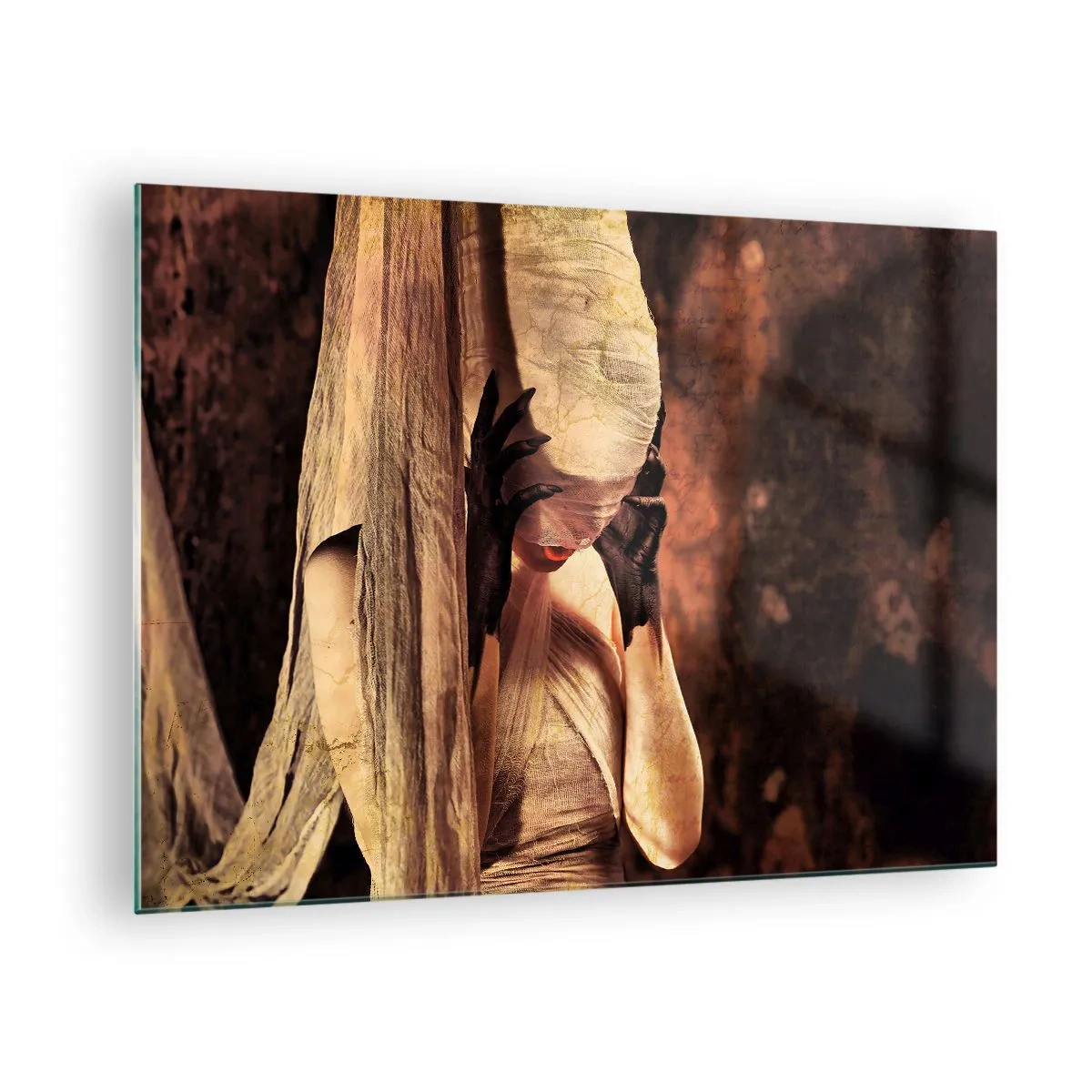 Glass picture - A mysterious woman surrounded by golden fabrics - 70x50cm - Between Good and Evil - Modern wall decoration for the living room and bedroom ARTTOR