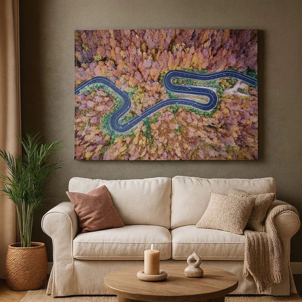 Canvas picture - A winding road in an autumn forest seen from a bird's eye view - 70x50cm - Winding Path through a Forest - Modern wall decoration for the living room and bedroom ARTTOR