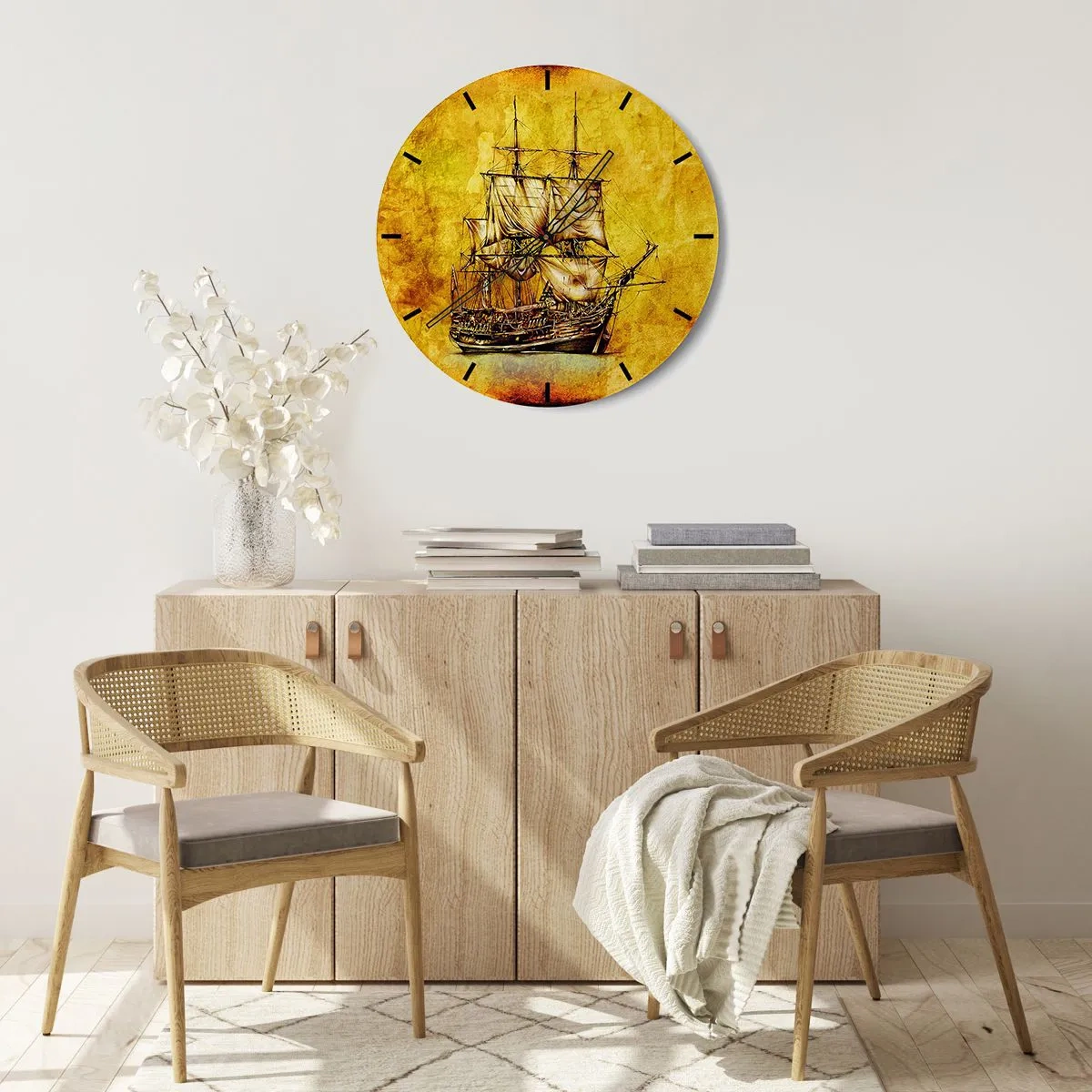 Wall clock - Clock on glass - A cartoon motif of a sailing ship on a background in shades of gold - 30x30cm - Direction Tortuga! - Modern wall decoration for the living room, kitchen, and bedroom ARTTOR