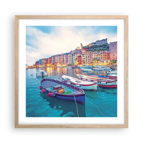 Poster in light oak frame - Colourful Evening in a Port - 50x50 cm