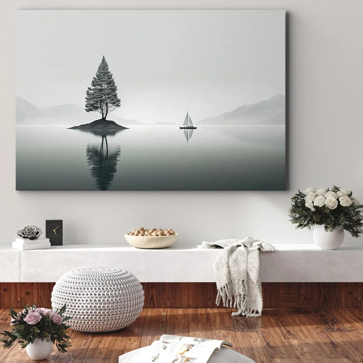 Canvas picture - A minimalist landscape with a tree on an island and a sailboat. - 70x50cm - Daydreaming - Modern wall decoration for the living room and bedroom ARTTOR