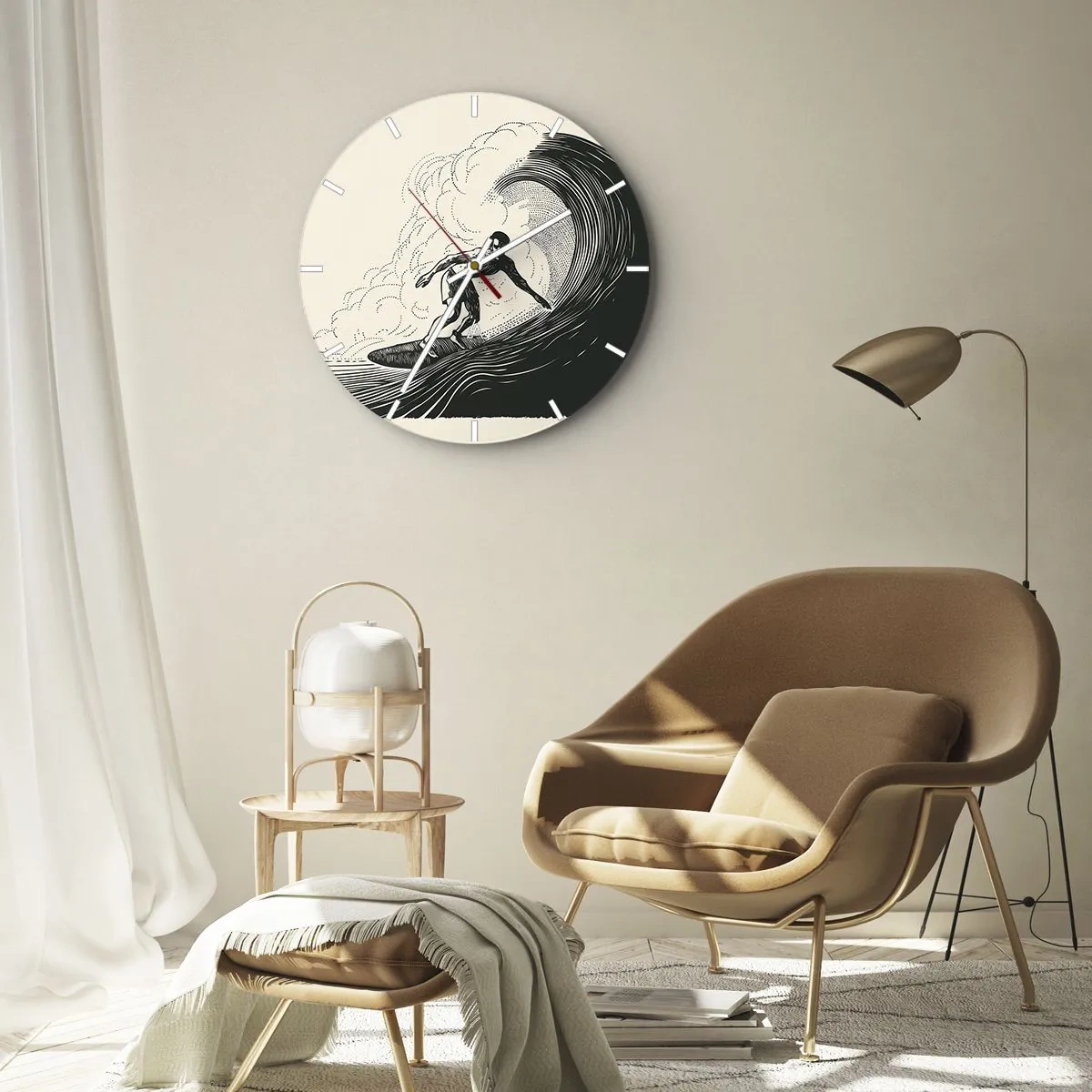 Wall clock - Clock on glass - Surfer on a retro wave - 30x30cm - King of the Wave - Modern wall decoration for the living room, kitchen, and bedroom ARTTOR