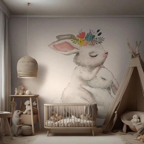 Photo Wallpaper Premium Sand - There's No Place Like at Mum's - For children, Rabbit, Mother With Child - 400x280 cm