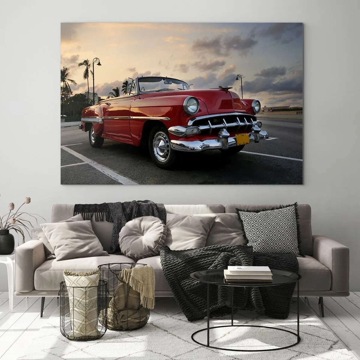 Glass picture - A red classic convertible against a sunset background - 70x50cm - Red Heat of the Tropics - Modern wall decoration for the living room and bedroom ARTTOR