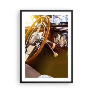 Poster in black frame - Interior of a classic car with a steering wheel - 50x70cm - Breath of Luxury form the Past - Modern wall decoration for the living room and bedroom ARTTOR
