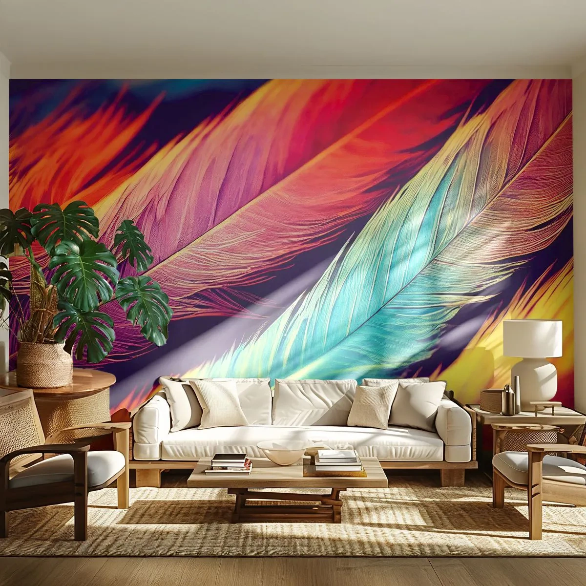Photo Wallpaper Premium Sand - Feathered Rainbow - Feathers, Light, Colorful - 500x350 cm