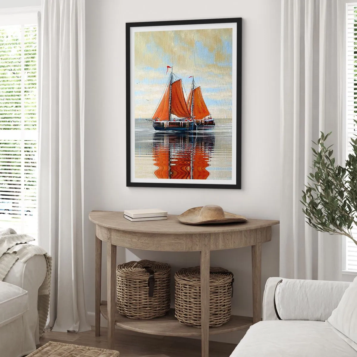 Poster in black frame - Sailboats on calm water with red sails - 50x70cm - Ahoy, Sailor, Sail… - Modern wall decoration for the living room and bedroom ARTTOR