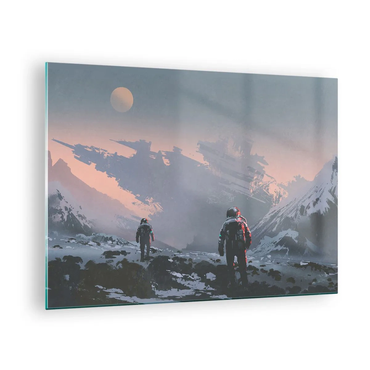 Glass picture - Astronauts on an alien planet with a shipwreck in the background - 70x50cm - Under an Unknown Star - Modern wall decoration for the living room and bedroom ARTTOR