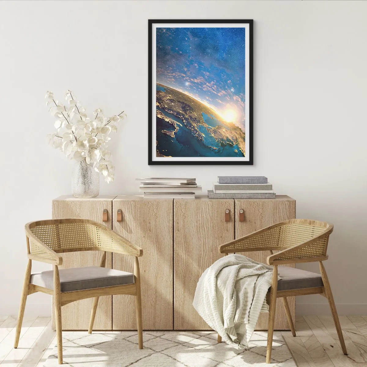 Poster in black frame - Earth seen from space at sunrise - 50x70cm - Let's Look at Each Other from a Distance - Modern wall decoration for the living room and bedroom ARTTOR
