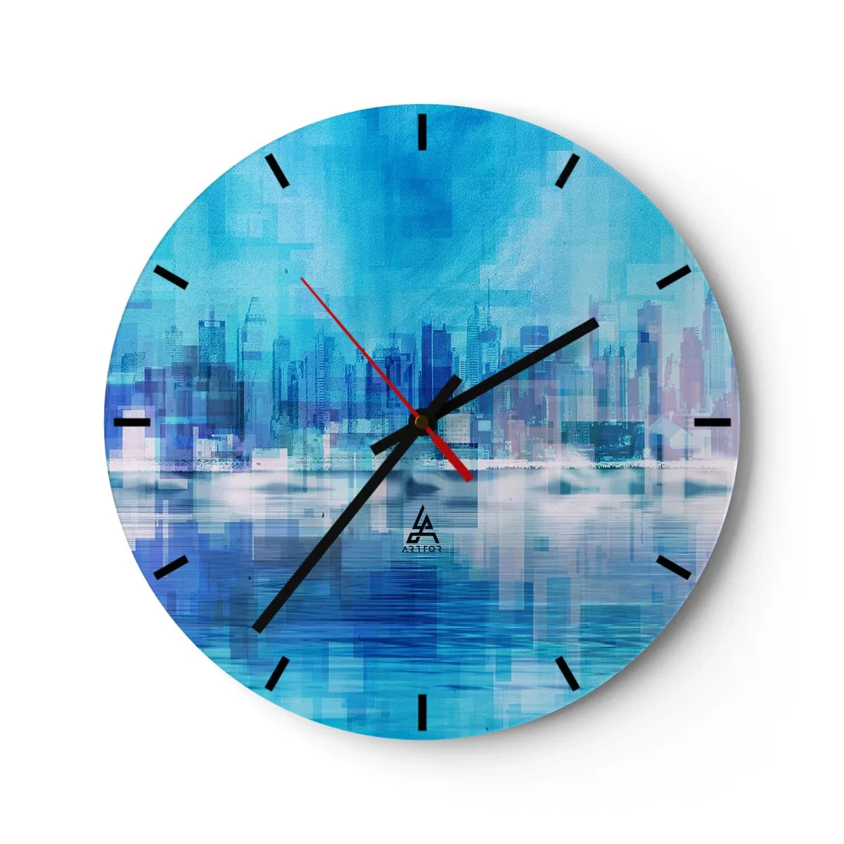 Wall clock - Clock on glass - A city panorama in shades of blue and purple with an abstract effect. - 30x30cm - Sunk in Blue - Modern wall decoration for the living room, kitchen, and bedroom ARTTOR