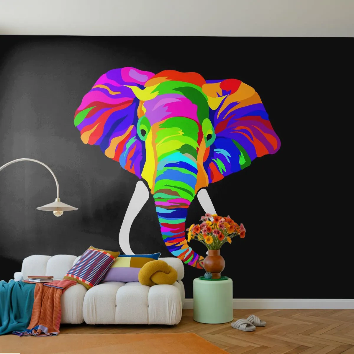 Self-Adhesive Photo Wallpaper Deluxe Sticker - Elephant That Enjoyed Rainbow Bath - Animals, Elephant, Colorful Image - 250x175 cm