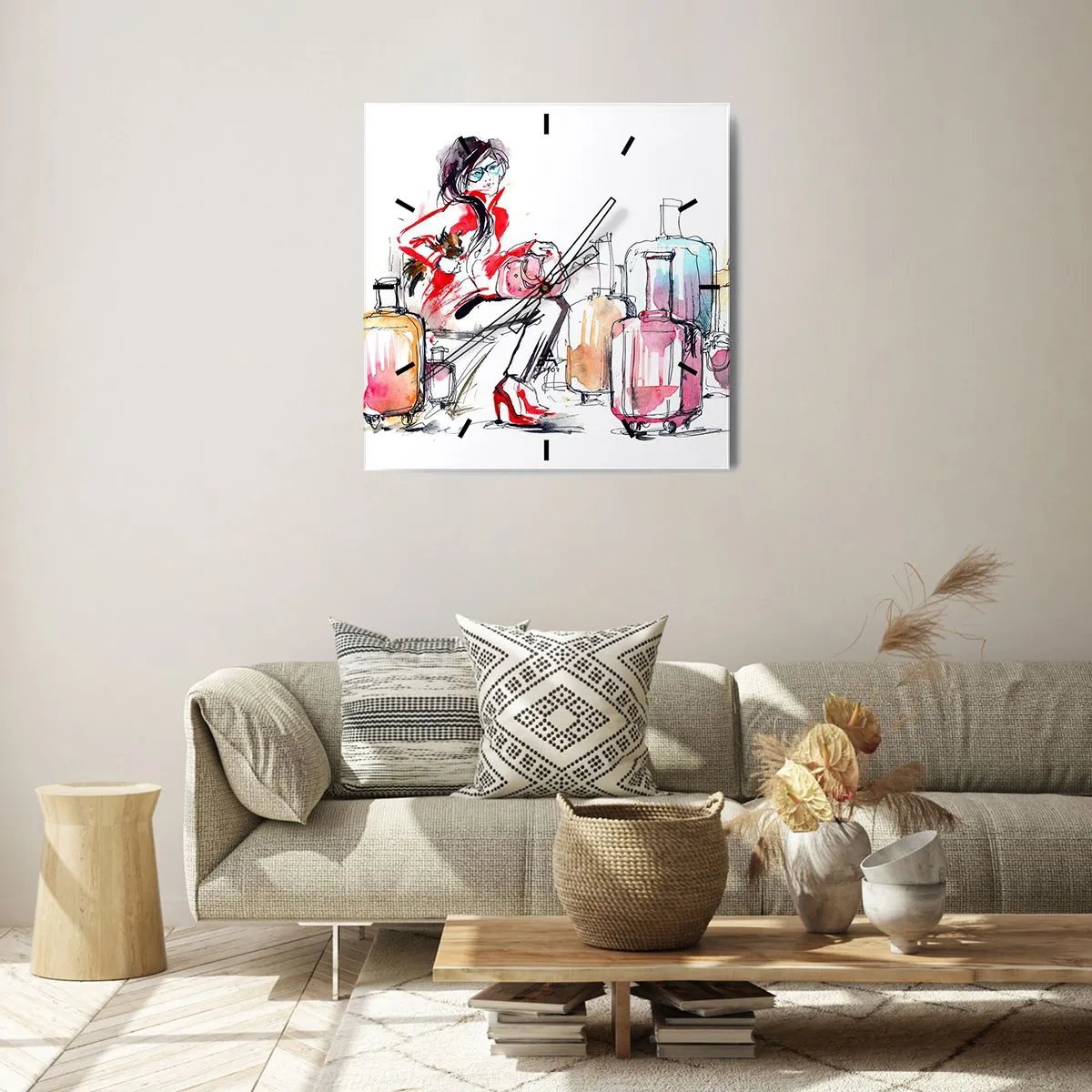 Wall clock - Clock on glass - Let's Sit down before Travel - 40x40 cm