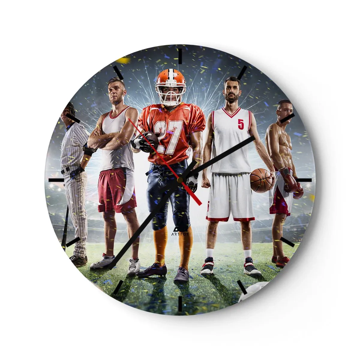 Wall clock - Clock on glass - A group of athletes against the backdrop of a stadium lit by floodlights - 30x30cm - Gladiators of the Pitch - Modern wall decoration for the living room, kitchen, and bedroom ARTTOR