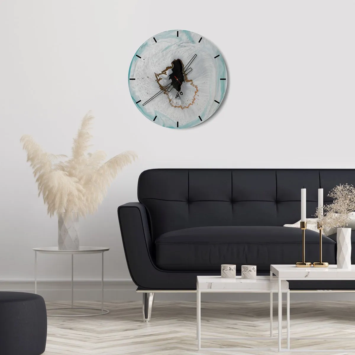 Wall clock - Clock on glass - Abstract pattern with a geode effect and gold accents - 30x30cm - Into de Deep - Modern wall decoration for the living room, kitchen, and bedroom ARTTOR