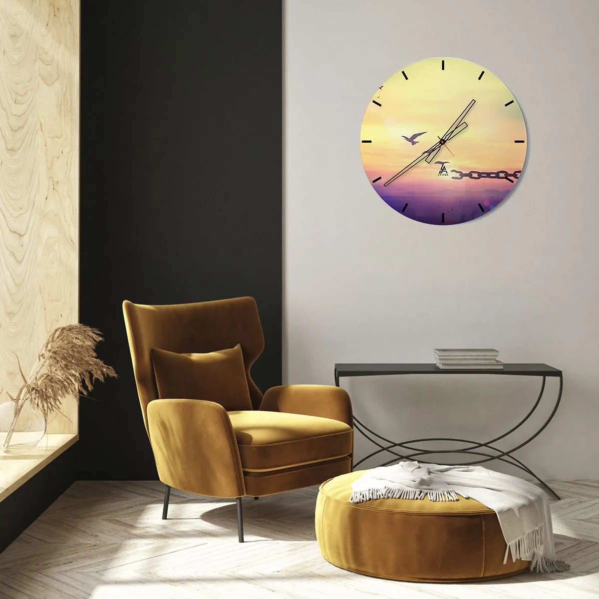 Wall clock - Clock on glass - Birds in the background of a sunset with a broken chain - 30x30cm - Victory of Freedom - Modern wall decoration for the living room, kitchen, and bedroom ARTTOR