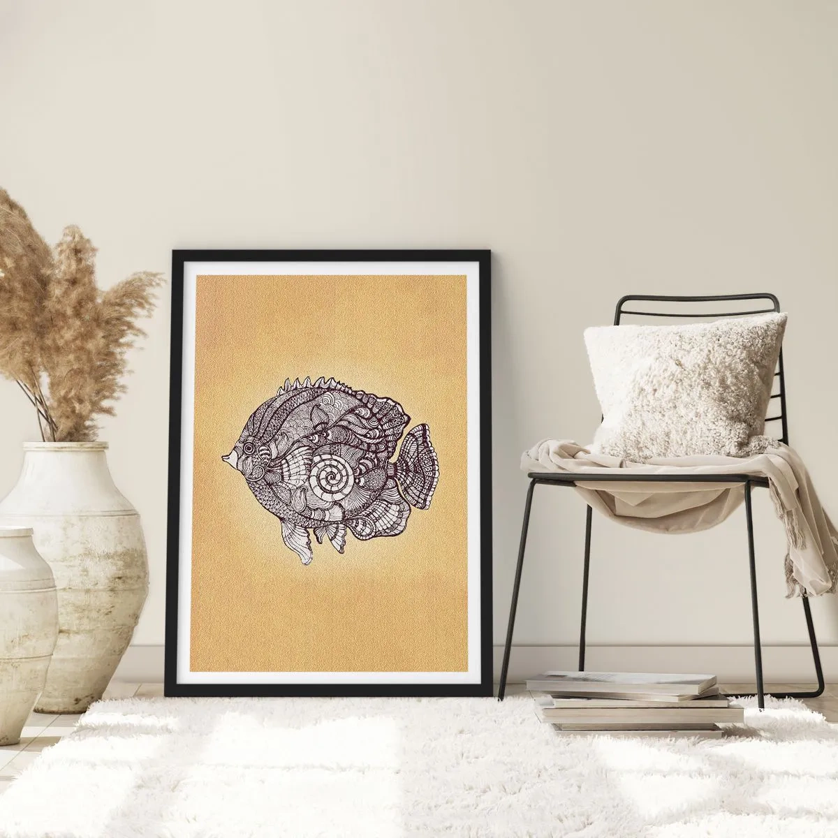 Poster in black frame - Artistic mandala-style fish on a beige background - 50x70cm - From the Ocean of Ornaments - Modern wall decoration for the living room and bedroom ARTTOR