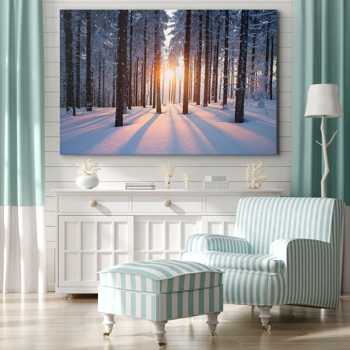 Canvas picture - Winter forest illuminated by the sun's rays - 70x50cm - Clearly Black on White - Modern wall decoration for the living room and bedroom ARTTOR