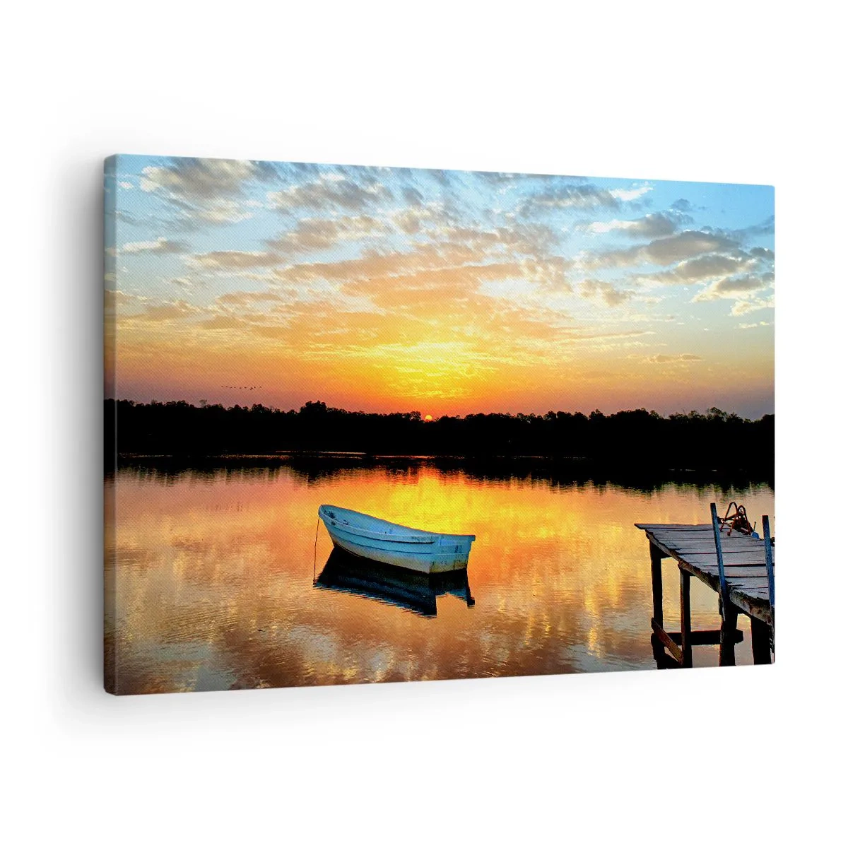 Canvas picture - A boat on a calm lake during sunset - 70x50cm - Look, Listen, Meditate - Modern wall decoration for the living room and bedroom ARTTOR
