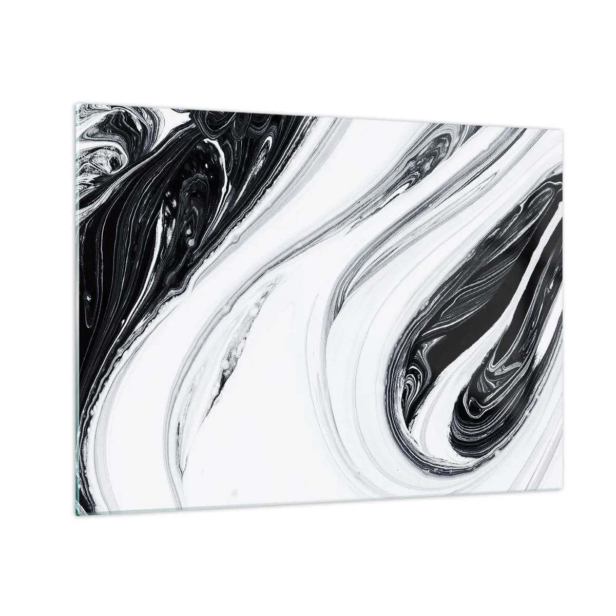 Glass picture - Black and white swirling lines resembling marble in an abstract style - 70x50cm - Connection of Opposites - Modern wall decoration for the living room and bedroom ARTTOR