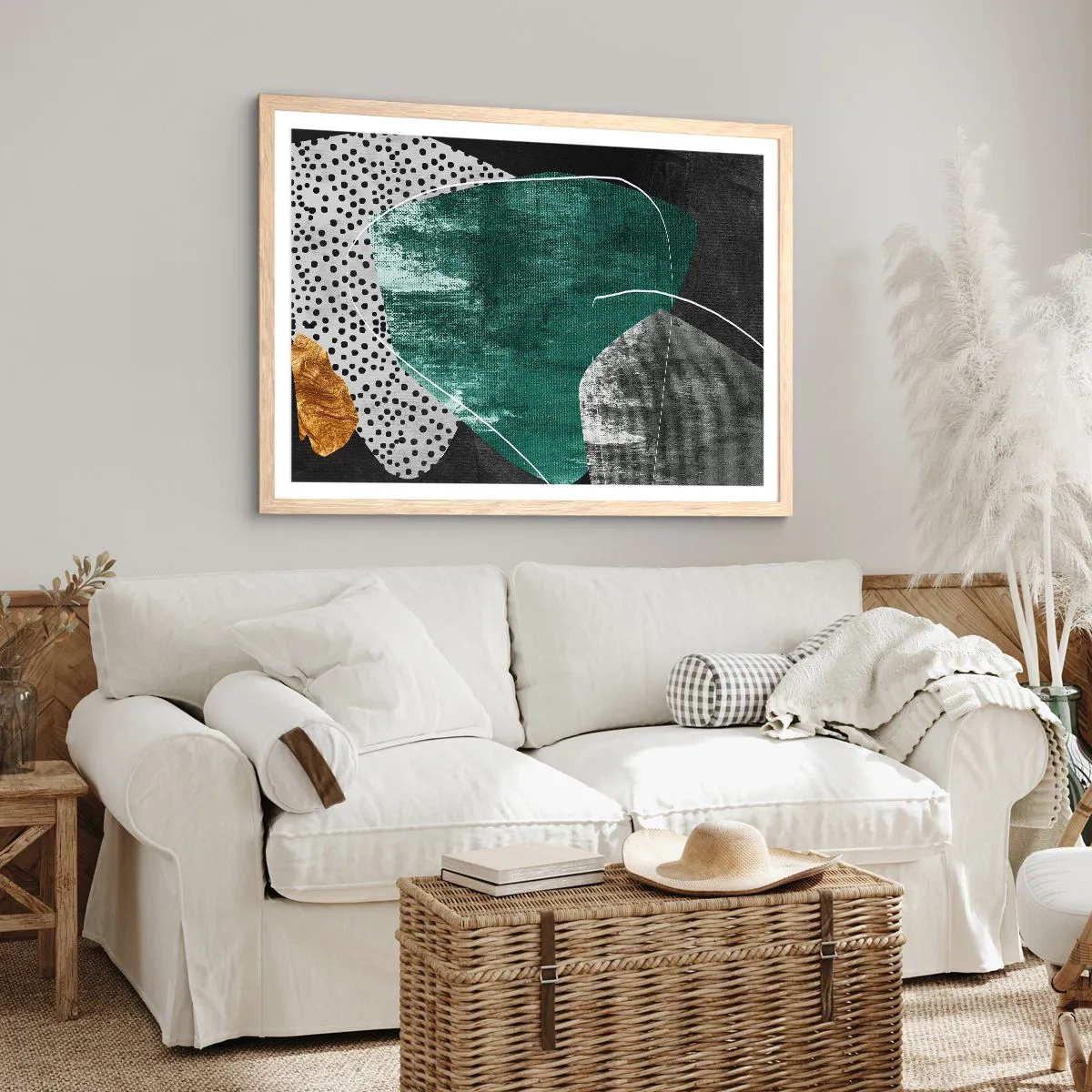 Poster in light oak frame - Colourful Abstract with a Golden Petal - 100x70 cm