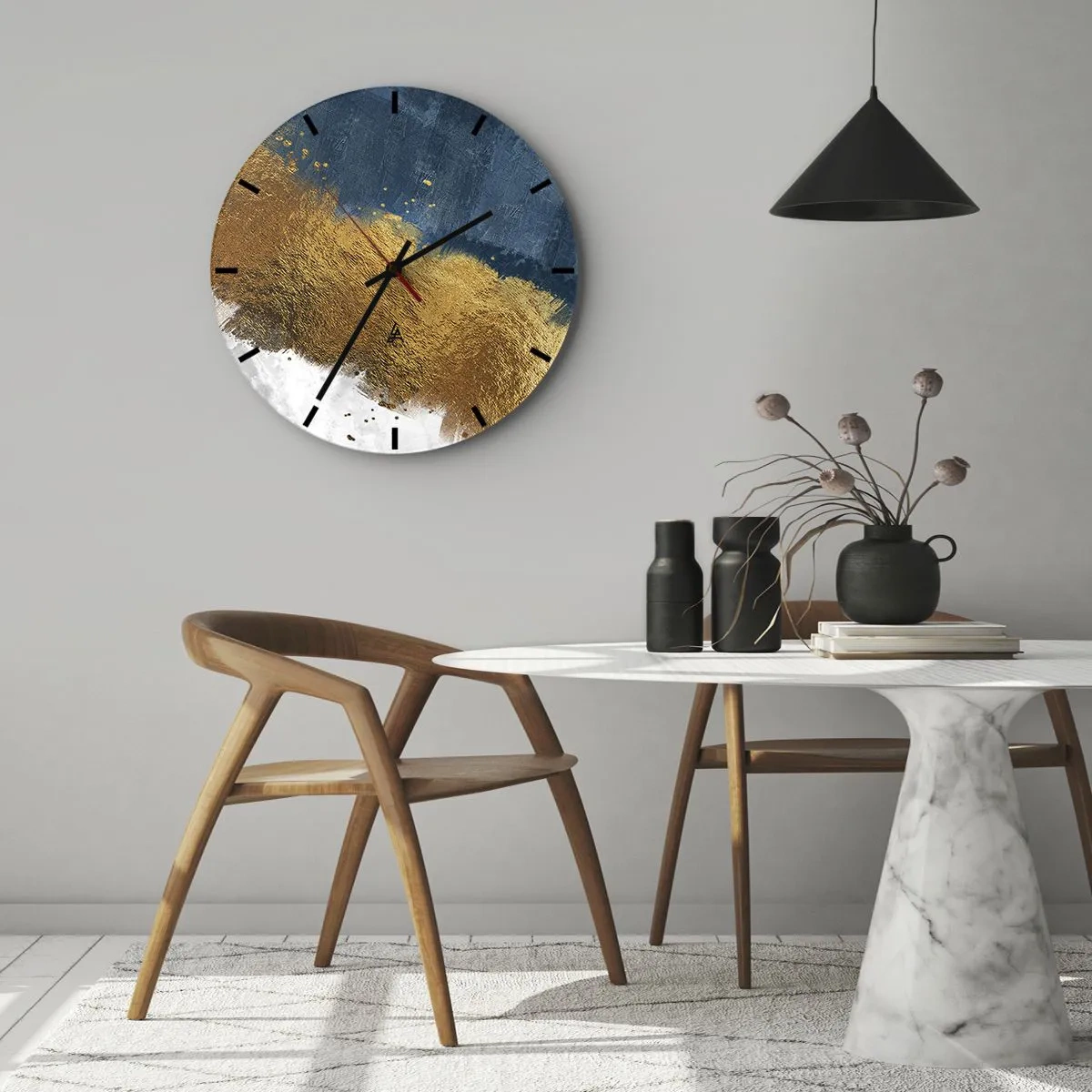 Wall clock - Clock on glass - Abstract brush strokes of gold and navy blue on a white background - 30x30cm - Colours of Summer - Modern wall decoration for the living room, kitchen, and bedroom ARTTOR