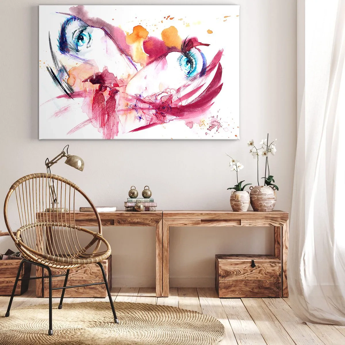 Canvas picture - An abstract face with expressive eyes and red accents. - 70x50cm - In Close-up the World Is Blooming  - Modern wall decoration for the living room and bedroom ARTTOR