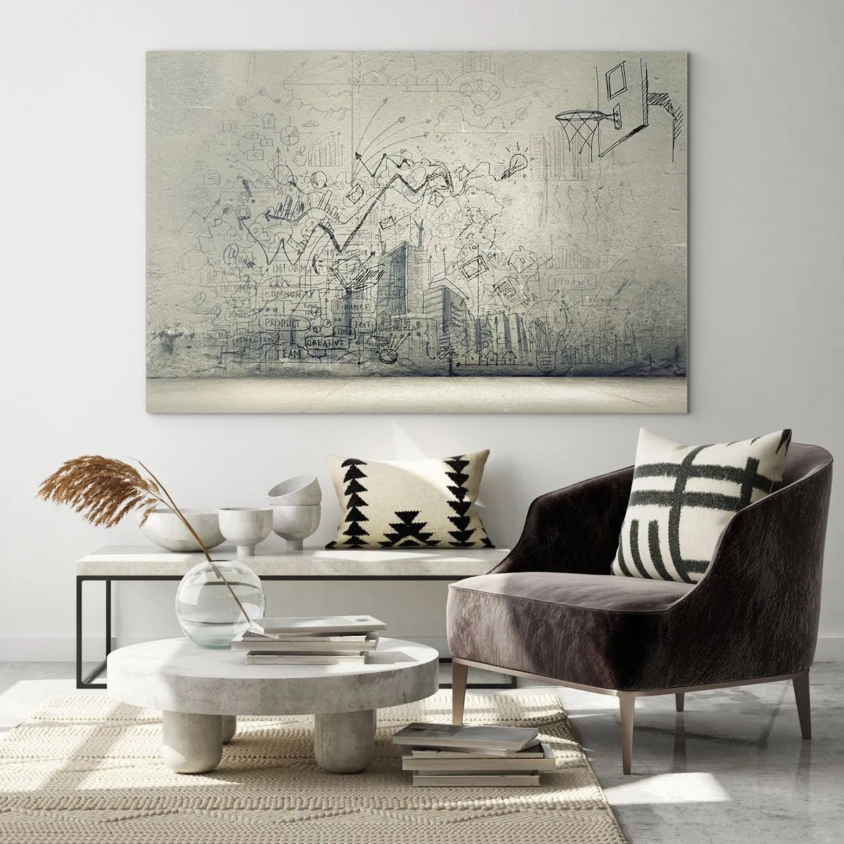 Glass picture - Graphic sketch with business and creative elements - 70x50cm - My Wonderful City Life - Modern wall decoration for the living room and bedroom ARTTOR