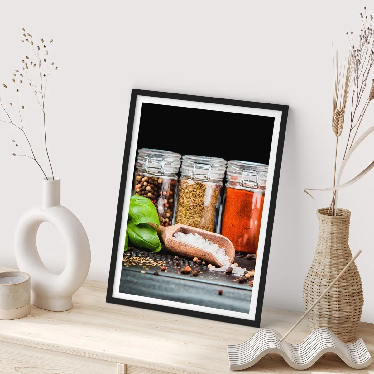 Poster in black frame - Jars of spices on a dark background - 50x70cm - Spicing Up Life - Modern wall decoration for the living room and bedroom ARTTOR