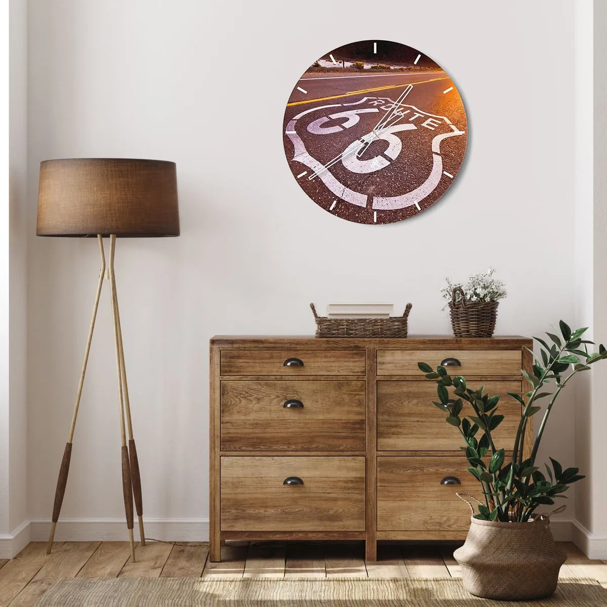 Wall clock - Clock on glass - Route 66 symbol on a paved road at sunset - 30x30cm - Famous Route 66 - Modern wall decoration for the living room, kitchen, and bedroom ARTTOR