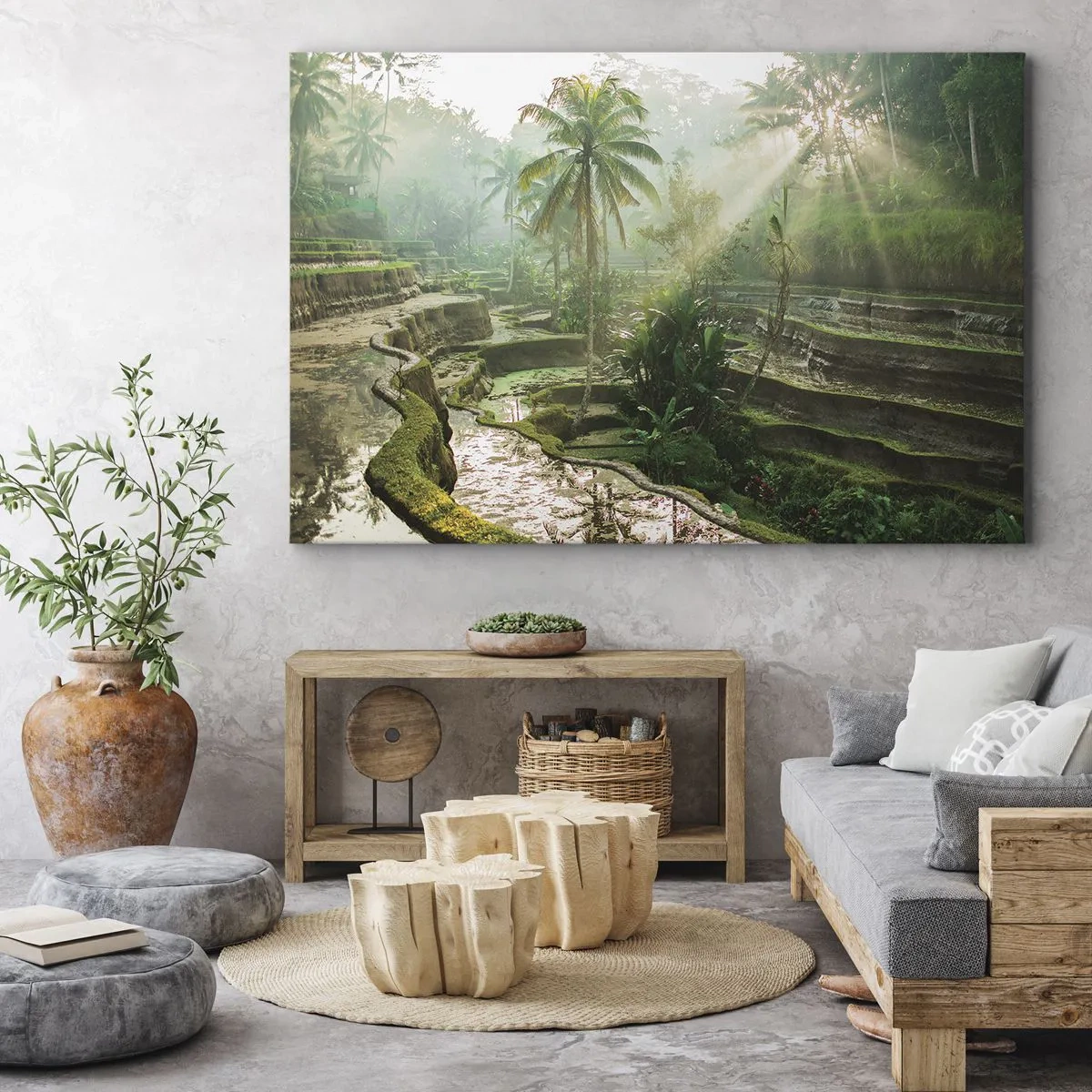Canvas picture - Rice terraces with palm trees in the sun's rays - 70x50cm - Maturing in the Sun - Modern wall decoration for the living room and bedroom ARTTOR
