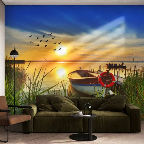 Photo Wallpaper Premium Canvas - Cormorants Are Flying Away - Landscape, Lake, Sunset - 350x256 cm