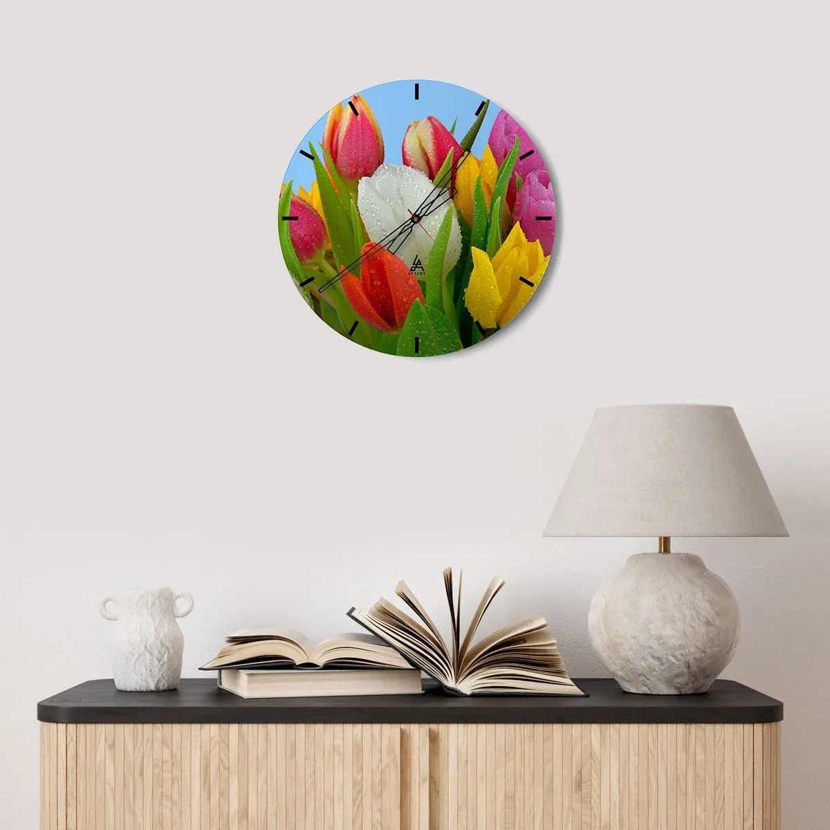 Wall clock - Clock on glass - Floral Rainbow in Dew Drops - 30x30 cm