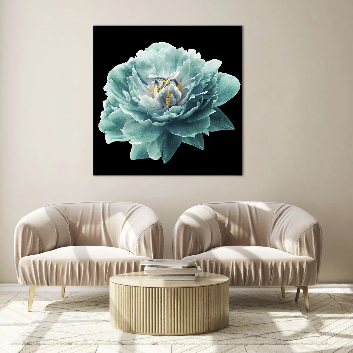 Glass picture - Blue and Gold Petals - 50x50 cm